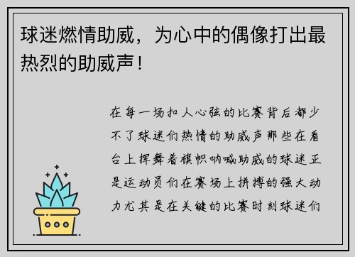 球迷燃情助威，为心中的偶像打出最热烈的助威声！